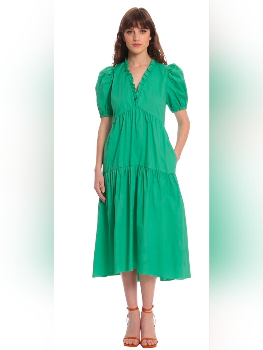 Donna Morgan Emerald Green Cotton Puff Sleeve Tiered V-Neck Midi Dress - Size 16